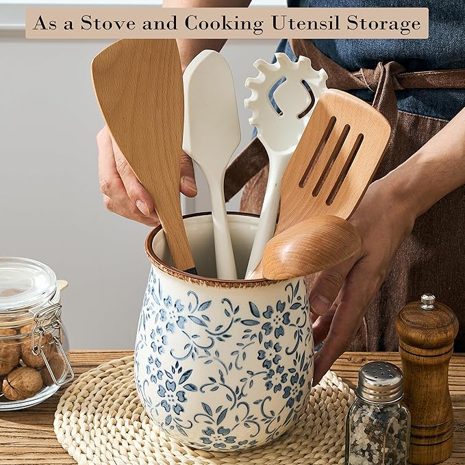 Utensil Holder for Kitchen Counter, Modern Farmhouse Cooking Utensil Holder and Crock Home Kitchen Decor, Ceramic Utensil Organizer for Spatula, Ladle, Eggbeater, Rolling Pin- Blue and White Porcelain
