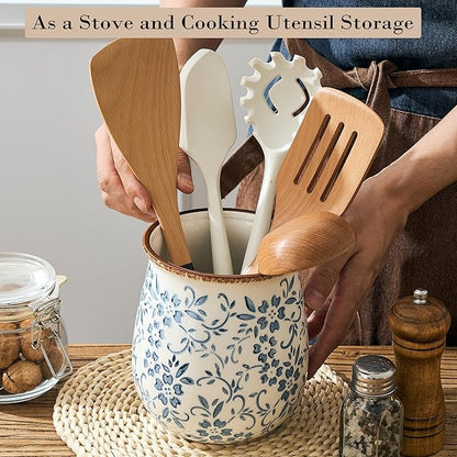 Utensil Holder for Kitchen Counter, Modern Farmhouse Cooking Utensil Holder and Crock Home Kitchen Decor, Ceramic Utensil Organizer for Spatula, Ladle, Eggbeater, Rolling Pin- Blue and White Porcelain