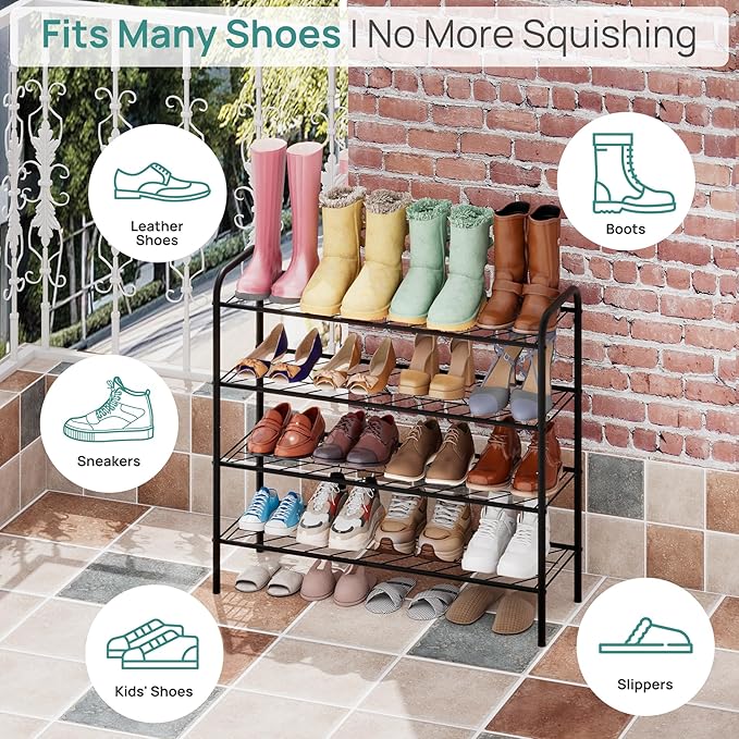 viewcare Shoe Rack for Closet, 4-Tier Long Shoe Rack for Entryway & Garage, Black Shoe Organizer Holds 12-16 Pairs, Sturdy Metal Construction
