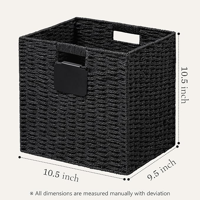 UBBCARE 2 Pack Wicker Basket, 10.5×10.5 Storage Cubes with Label, Foldable Cube Storage Bin with Handle, Square Storage Basket for Shelves, Woven Paper Rope Basket for Organizing, Black