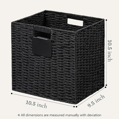 UBBCARE 4 Pack Wicker Basket, 10.5×10.5 Storage Cubes with Label, Foldable Cube Storage Bin with Handle, Square Storage Basket for Shelves, Woven Paper Rope Basket for Organizing, Black