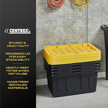 CX Black & Yellow 27-Gallon Heavy Duty Storage Bins with Lids, Stackable Plastic Storage Bins with Weather-Resistant Design, Home Organization, 4 Pack (14.3"H x 20.6"W x 30.6"D)
