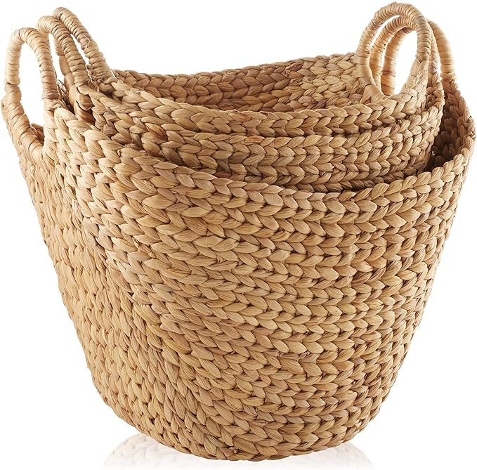 Casafield Set of 3 Multipurpose Boat Baskets with Handles - Natural, Woven Water Hyacinth Storage Organizers for Throw Blankets, Bedroom, Laundry