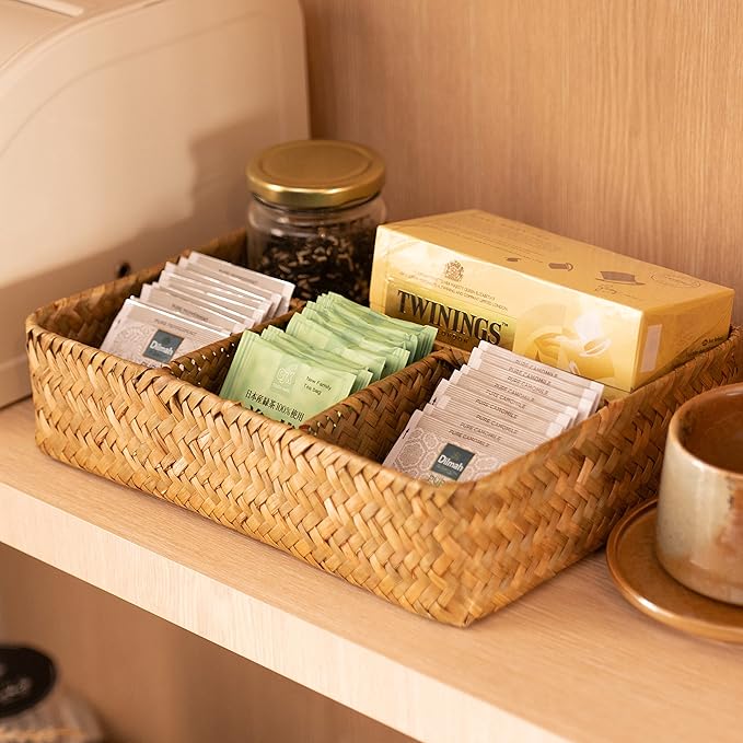 YANGQIHOME Tea Bag/Sugar Packet Holder, Coffee Station Condiment Organizer, Seagrass Storage Basket, Wicker Rattan Divided Basket Organizer for Drawer/Shelf/Countertop