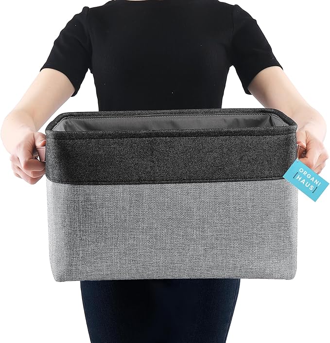 OrganiHaus 16x12.5in Canvas Storage Baskets 3 Pack | EXTRA LARGE Fabric Bins for Shelves | Linen Closet Organizer | Gray/Black