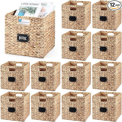 Jinei 12 Pcs Wicker Storage Basket Bulk, 10 x 10 x 10 Inch Handwoven Hyacinth Folding Cube Bin with Handles Labels for Shelves Pantry Laundry Organization