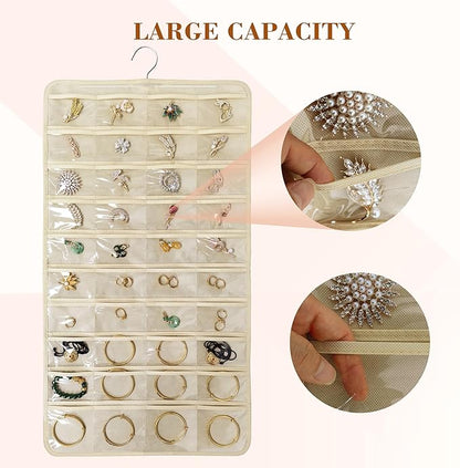 2 PACK(Total 160 Pockets) Hanging Jewelry Organizer with Hanger Metal Hooks Storage On Wall Door Closet Double-Sided(Each Side 40 Pockets) Jewelry Holder for Earrings, Necklaces, Rings (2 Pcs Beige)