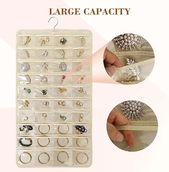 80 Pocket Hanging Jewelry Organizer with Hanger Metal Hooks Storage On Wall Door Closet Double-Sided(Each Side 40 Pockets) Jewelry Holder for Earrings, Necklaces, Rings (4 PACK BEIGE)