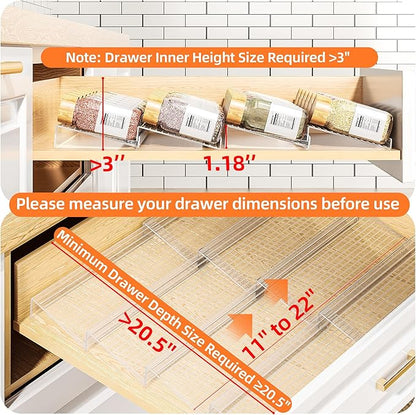 MUDEELA Clear Spice Drawer Organizer, 4 Tier- 2 Set (8 Packs) Spice Rack for Drawer, Expandable From 11" to 22" Kitchen Seasoning Organizers and Storage for Drawer (Jars not included)