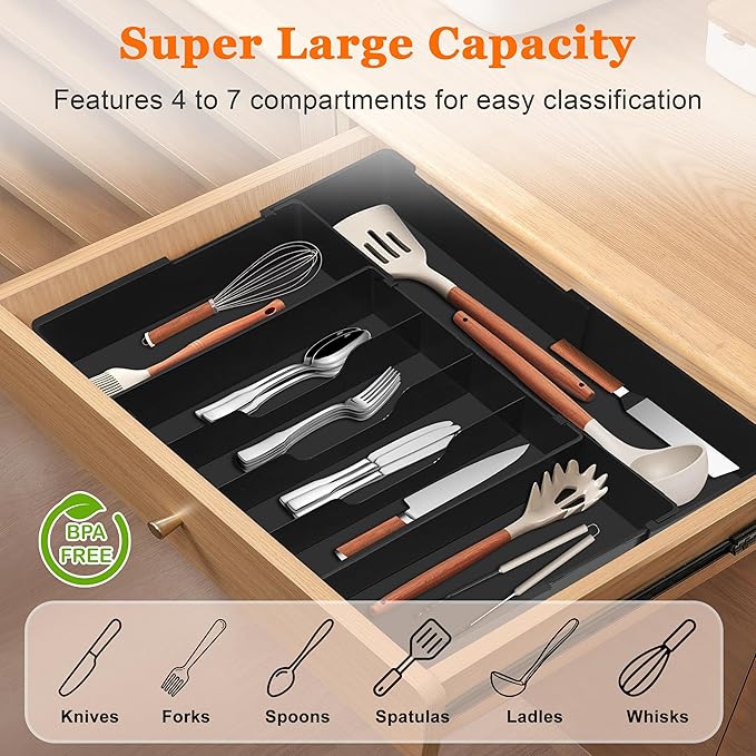 Spaclear Expandable Large Silverware Organizer - BPA-Free Food-Safe Utensil Drawer Organizer Adjustable Kitchen Drawer Organizer Flatware Cutlery Tray, Classified Storage for Spoons Forks Knives