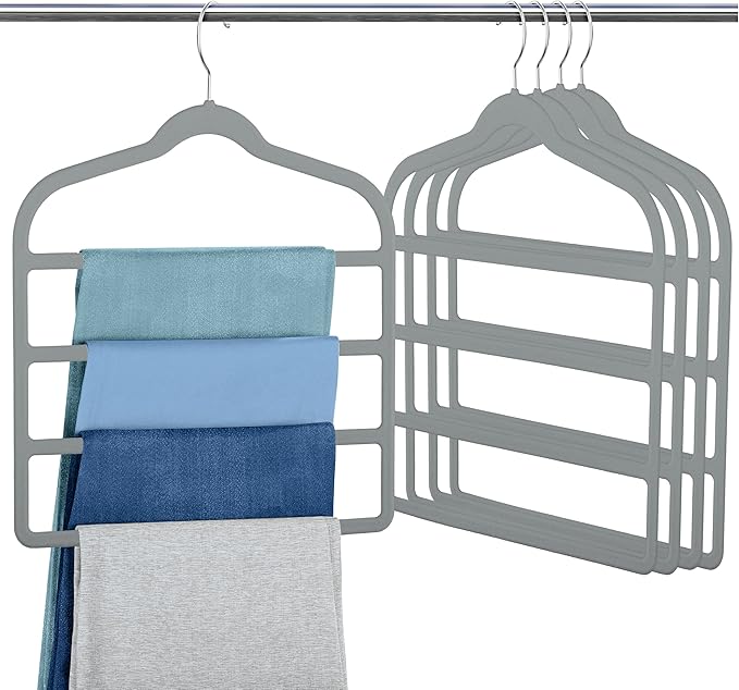 Velvet Pants Clothes Hanger Space Saving Non Slip Pants Shorts Hanger, Myfolrena Jeans Slack Trousers Hangers Multiple Velvet Hanger Closet Storage and Organization for Jeans,Scarf,Tie(Grey, 5)