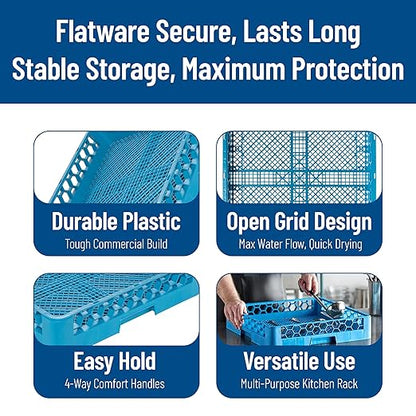 Carlisle FoodService Products OptiClean Combination Flatware Rack for Commercial Dishwashers – Open Bottom Grid Design, Holds Flatware, Ramekins, and Smallwares, 19.75" x 19.75", Blue