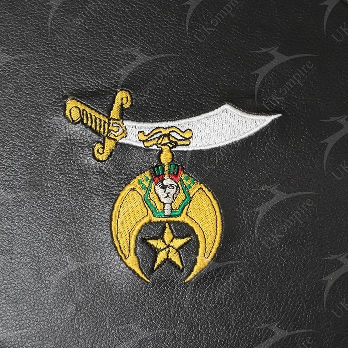 Premium Masonic Shriner Fez Hat Case Black Leather – Dual Emblems Front & Top (Machine Embroidery) with Shoulder Strap