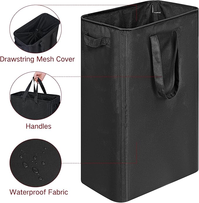 efluky Slim Laundry Basket, Narrow Laundry Hamper with Handles, Collapsible Dirty Clothes Hamper, Tall Laundry Bin for Laundry Room, Dorm and Bedroom, 19.8 Gallon(75L) Black