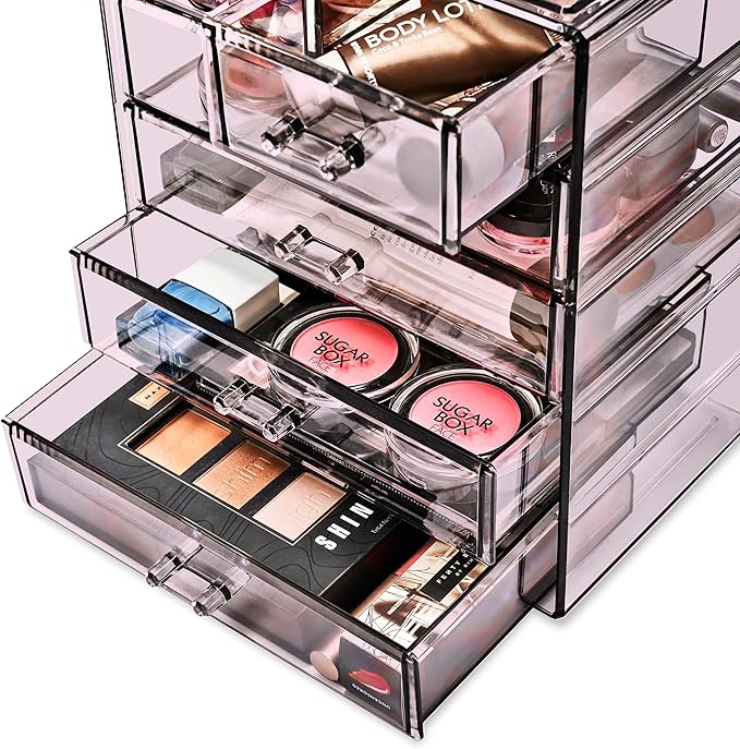 Sorbus Acrylic Makeup Organizer Set, 6-Drawer Vanity & Countertop Cosmetic Storage with Small & Wide Drawers, Purple Makeup Storage for Brushes, Lipsticks, Jewelry – Holiday Gift for Women & Teens