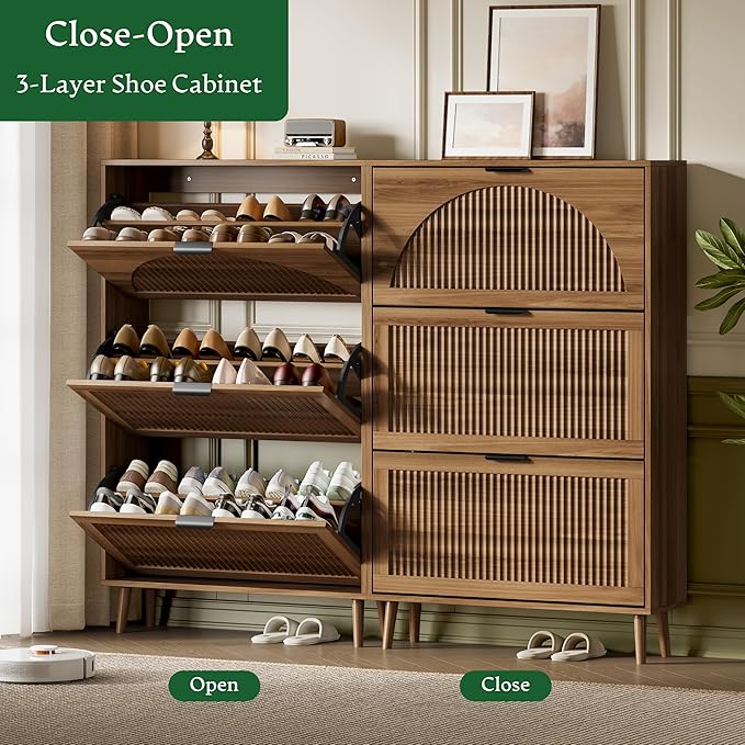 Xixini Shoe Storage Cabinet with 3 Flip Drawers, 50" Tall Narrow Wood Fluted Shoe Organizer for Entryway, Freestanding Wooden Hidden Slim Shoe Rack for Front Door Entrance, Hallway, Foyer, Dark Walnut