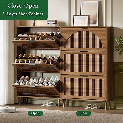 Xixini Shoe Storage Cabinet with 3 Flip Drawers, 50" Tall Narrow Wood Fluted Shoe Organizer for Entryway, Freestanding Wooden Hidden Slim Shoe Rack for Front Door Entrance, Hallway, Foyer, Dark Walnut
