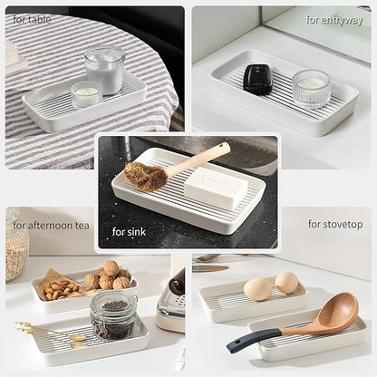 Bathroom Vanity Tray for Countertop,2PC Rectangle Striped Tray,Decorative Bathroom Organizer for Scrubber, Lotion Bottles, Perfume, Jewelry, Candle, Key Trinket Ring(Small,White)