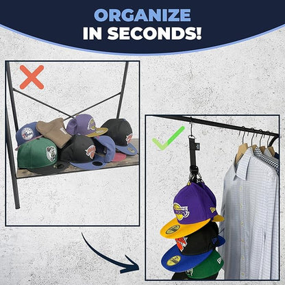 PackHatUSA The Original XL Hat Rack Hat Organizer for Baseball Caps, Fully Adjustable Hat Holder for 32 Hats & Beanies, XL Clips for Easy Storage & Organization on Closet Rods - U.S. Patent Pending