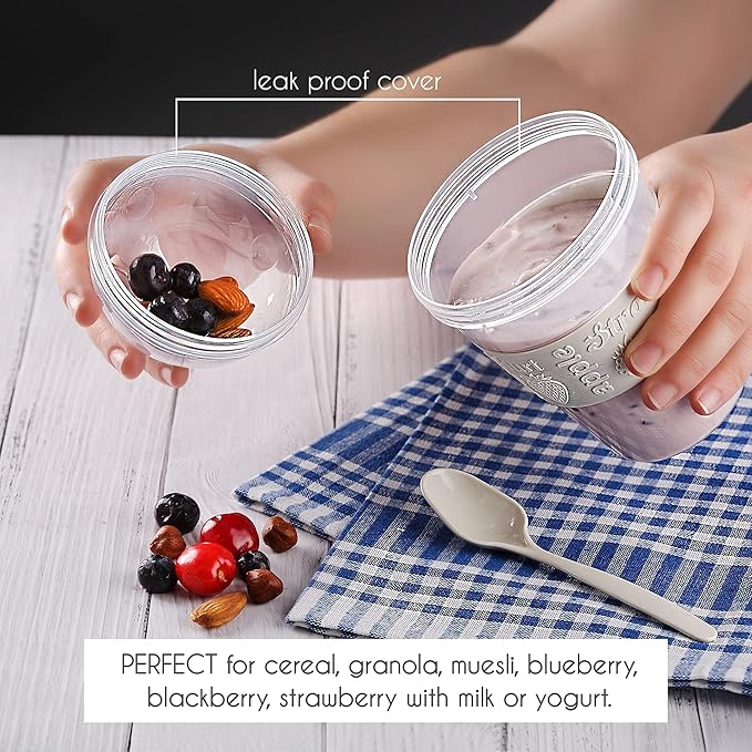 Crystalia 4 Pack 20 oz On The Go Yogurt Parfait Cups with Lids & Spoons, BPA FREE Reusable Yogurt Containers, Take and Go Yogurt Cup with Topping Cereal or Oatmeal Container, Colorful Set