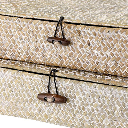 Hipiwe Set of 2 Flat Woven Wicker Storage Bins with Lid Natural Seagrass Basket Boxes Multipurpose Home Organizer Bins Boxes for Shelf Organizer (Whitewash)
