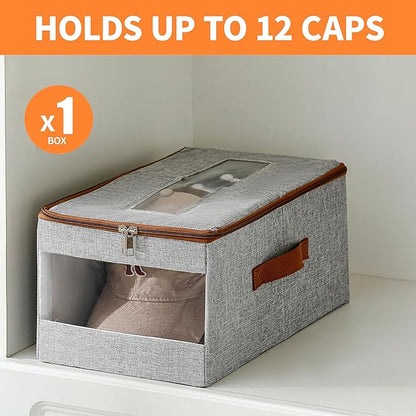 Stackable Hat Organizer for Baseball Caps, Hat Storage Holder Container for Closet Hold Up to 12 Caps with Clear Window, Hat Boxes for Home Storage (Grey, 1 Pack)