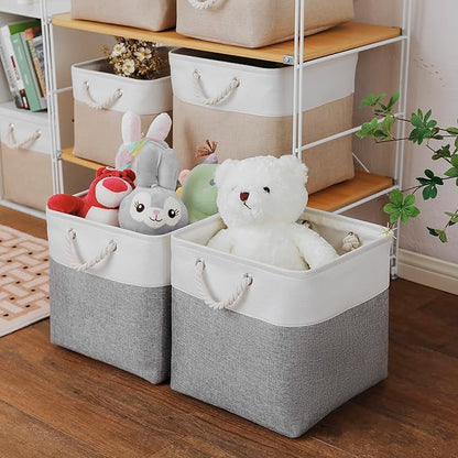 MidmmVick 13 x 13 Inch Cube Storage Bins, 4 Pack Large Collapsible Fabric Storage Bin with Ropes, Foldable Storage Cubes for Home, Office,Closet, Clothes, Toys Organizer (White & Grey)