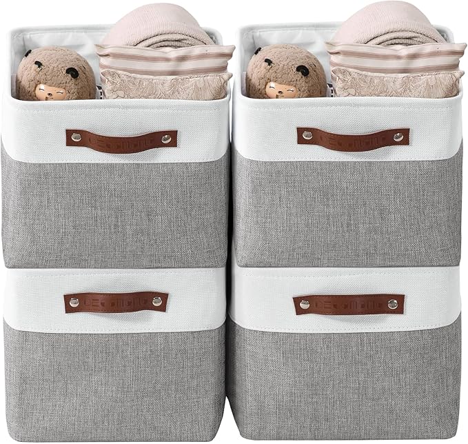 DECOMOMO Storage Bins, Extra Large Fabric Storage Baskets for Shelves, Decorative Linen Closet Organizer, 15.8 x 12.5 x 10 inches (Grey & White, 4 Pack)
