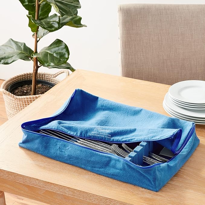 Hagerty Zippered Flatware Storage Drawer Liner –Tarnish Preventative Silverware Organizer, Large Container, Cutlery Holder, and Utensil Keeper Bag, Made in USA, Kosher Certified,Blue, 19" x 12" x 2.5"