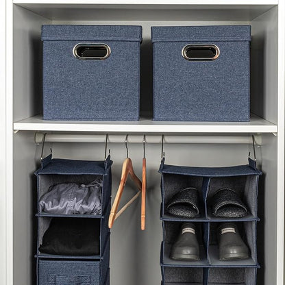 Household Essentials Collapsible Cotton Blend Cube Storage Box with Lid and Metal Grommet Handle, Set of 2, Denim