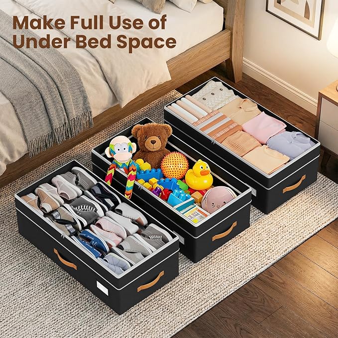 Budding Joy Under Bed Storage with Wheels 2Pack, 80L Height Adjustable Underbed Containers with Clear Lids, Rolling Under Bed Shoe Storage Organizer for Dorm Home Clothes, Blankets, Toys, Black