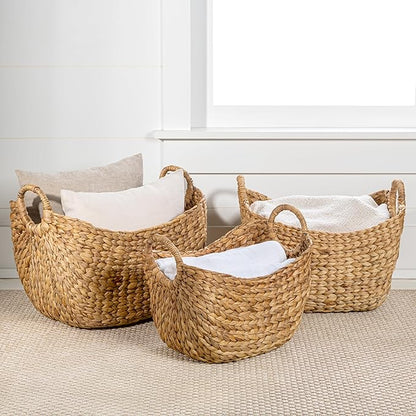 happimess BSK2002A-3SET Nellie Farmhouse Classic Handwoven Hyacinth Boat Wicker Storage Baskets with Handles, Natural (Set of 3), Seagrass Containers for Decoration in Living Room, Bedroom