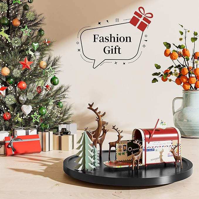 LAMU 12' Wood Lazy Susan Organizer Turntable for Cabinet, Lazy Susan for Table Top, Pantry, Kitchen, Bathroom, Countertop, Rotating Spice Organizer, Vanity Decor Tray, Pine Wood, Black