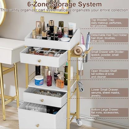 Makeup Organizer Cart with 3 Drawers, Rolling Vanity Organizer with Adjustable Dividers, Detachable Hair Tool Holder, Lockable Wheels for Small Spaces, Gold & White