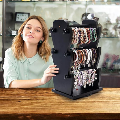 Two-Sided Rotating Wooden Jewelry Bracelet Holder Stand – 3-Tier Display with 6 Removable Bars for Bracelets, Bangles, Watches & Accessories – Black Wooden Organizer for Home or Retail Showcase