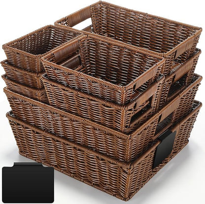 Marsui 9 Pcs Wicker Storage Baskets for Pantry Organization with Handle Labels Handwoven Multi-size Dark Brown Small Organizer Baskets Storage Bin Container for Shelves Closet Toilet Christmas Holiday