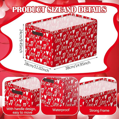 Geelin 3 Pcs Valentines Day Storage Baskets Red and White Heart Valentines Basket for Gifts Collapsible Waterproof Canvas Bin Organizer with Handles for Book Closet Shelf Nursery Decor