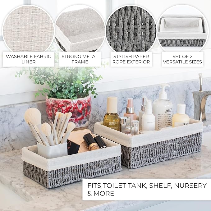 Beautiful Toilet Paper Storage Basket Set of 2 – Decorative Wicker Bathroom Organizer for Toilet Tank Trays - Quality Holder Bin for Shelves Fits Perfectly with Any Bathroom Decor