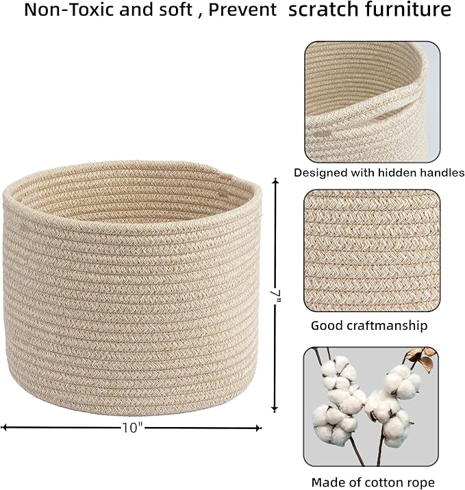 XUANGUO Woven Cotton Storage Baskets - 3-Pack Round Bins (10x10x7'') for Shelves, Closets & Bookcases | Durable Rope Organizers for Nursery, Baby, Toys, Easter & More (Oatmeal)