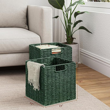 Vagusicc Wicker Storage Basket, Set of 2 Hand-Woven Paper Rope Wicker Baskets, Foldable Cube Storage Bins, Square Storage Baskets for Organizing Shelves & Decor, Green (11″×11″×11″)