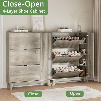 Xixini Shoe Cabinet with 3 Flip Drawers, 54" Tall Narrow Fluted Shoe Storage Organizer for Entryway, Hidden Wooden Shoe Rack with Adjustable Side Cabinet for Front Door Entrance, Hallway, Light Grey