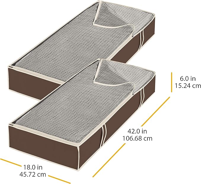 Whitmor Under Bed Storage Bags 2 Pack, Zippered Underbed Storage Containers with Clear Window and Handles, Foldable Clothes Blanket Storage Organizer, 18 x 42 x 6 Inches, Java