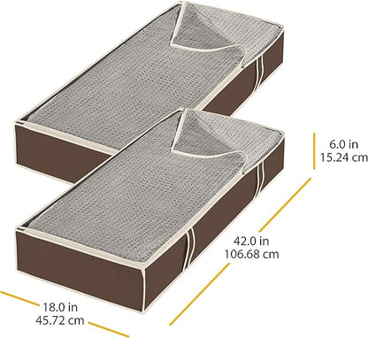 Whitmor Under Bed Storage Bags 2 Pack, Zippered Underbed Storage Containers with Clear Window and Handles, Foldable Clothes Blanket Storage Organizer, 18 x 42 x 6 Inches, Java