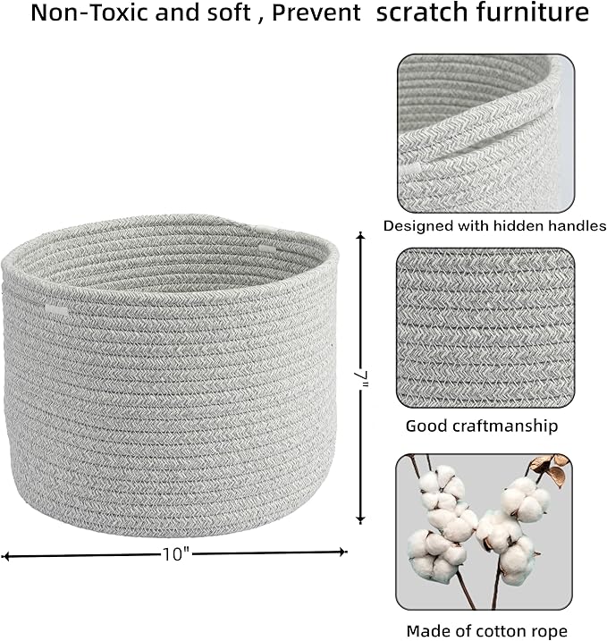 XUANGUO Woven Cotton Storage Baskets - 3-Pack Round Bins (10x10x7'') for Shelves, Closets & Bookcases | Durable Rope Organizers for Nursery, Baby, Toys, Easter & More (grey)