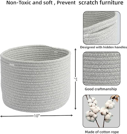 XUANGUO Woven Cotton Storage Baskets - 3-Pack Round Bins (10x10x7'') for Shelves, Closets & Bookcases | Durable Rope Organizers for Nursery, Baby, Toys, Easter & More (grey)
