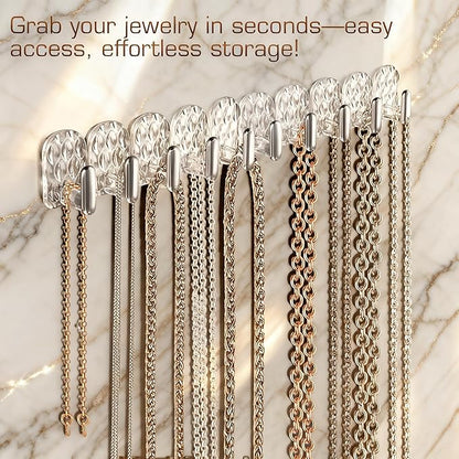 Gesodant 6 Pack Hanging Jewelry Organizer, Self-Adhesive Jewelry Hooks, Clear Wall Mounted Jewelry Hanger, Necklace Display Holder, 30 Hooks in Total