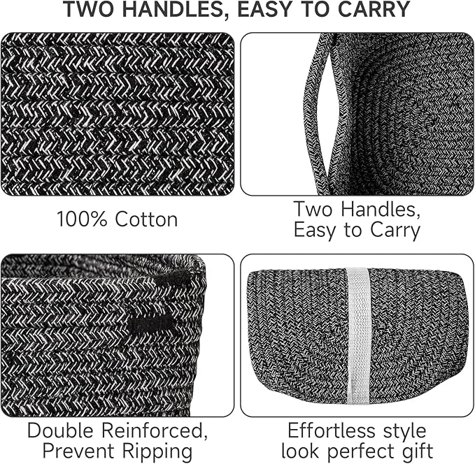 3-Pack Shelf Baskets for Organizing, Closet Organizer Bins, Small Woven Baskets, Rope Toy Basket, Storage Basket for Shelves, Cube Decorative Box, 11.8×7.8×5.1”, Mixed Black