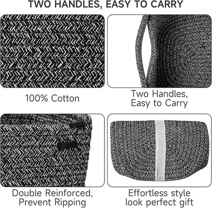 3-Pack Shelf Baskets for Organizing, Closet Organizer Bins, Small Woven Baskets, Rope Toy Basket, Storage Basket for Shelves, Cube Decorative Box, 11.8×7.8×5.1”, Mixed Black