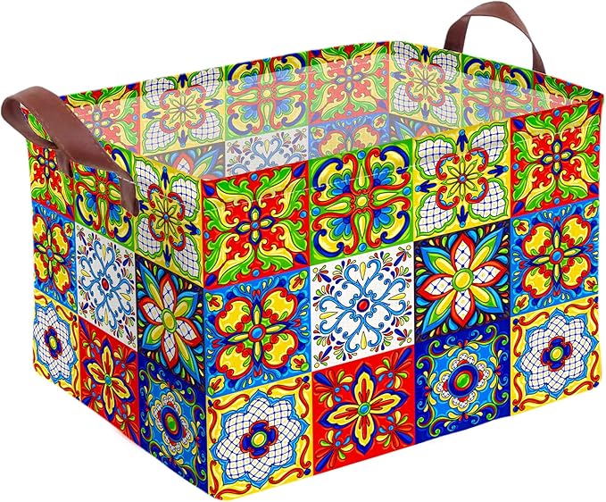 Mexican Talavera Decoration Storage Basket Waterproof Canvas Toy Storage Bin Collapsible Outdoor Basket with Leather Handles Mexican Talavera Decor Blanket Baskets For Closets,Bedrooms,Gifts Baskets