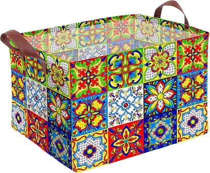 Mexican Talavera Decoration Storage Basket Waterproof Canvas Toy Storage Bin Collapsible Outdoor Basket with Leather Handles Mexican Talavera Decor Blanket Baskets For Closets,Bedrooms,Gifts Baskets